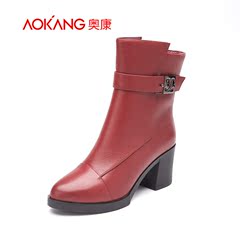 Aokang shoes 2015 winter season thick with short boots Western leather belt buckle heel counter with women boots