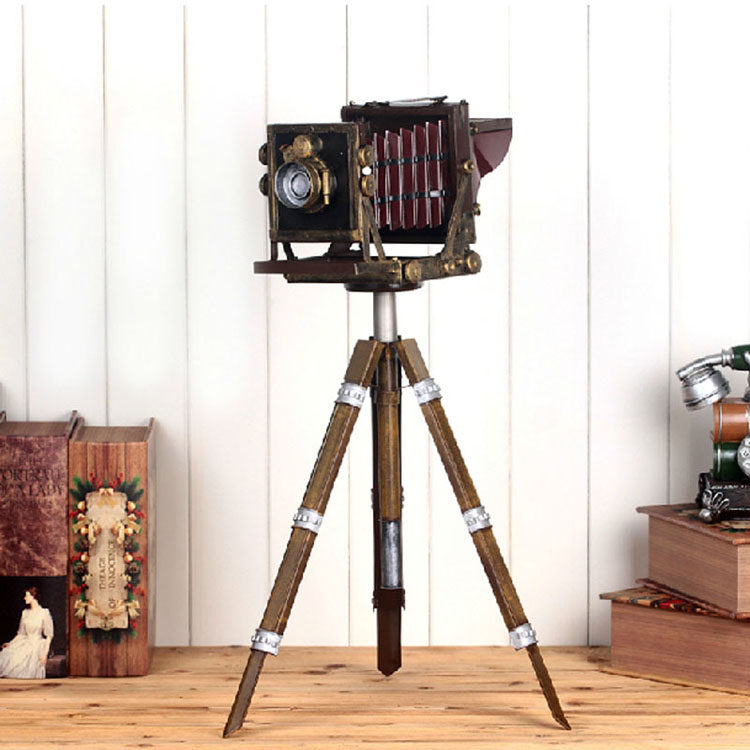 覆古铁艺支架相机模型家居软装饰品桌面摆件三脚架落地照相机道具