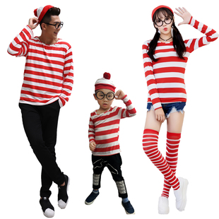 聪明的沃里cos Where's Wally waldo男款情侣服亲子装条纹圣诞装