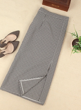 包臀半身裙女春夏季2023新款女韩版高腰格子中长款前开叉一步裙