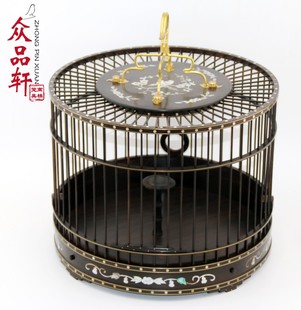 包邮高档乌木镶嵌镶贝壳螺钿圆形百灵鸟笼子 活底百灵鸟笼名师做