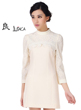 品良LOKA2015女装秋冬装韩版修身气质拼接蕾丝长袖连衣裙女FZOU