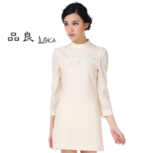 品良LOKA2015女装秋冬装韩版修身气质拼接蕾丝长袖连衣裙女FZOU
