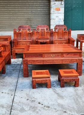 红木家具缅甸花梨十二公分沙发 大果紫檀如意1.2.3沙发10件套