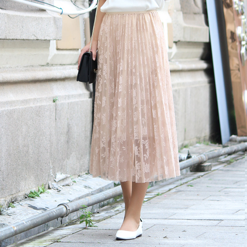 2019 new pattern Korean Edition Autumn goods in stock Lace dress Pleated midi Elastic waist Versatile Primer skirtin the Women's clothing/Boutique , Skirts  category - from Buy2taobao.com to provide professional Taobao agent buy service