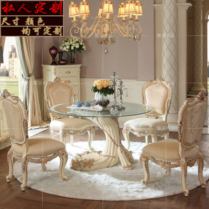 新款欧式实木餐桌白色别墅雕花高端奢华餐厅家具圆形吃饭桌子餐台