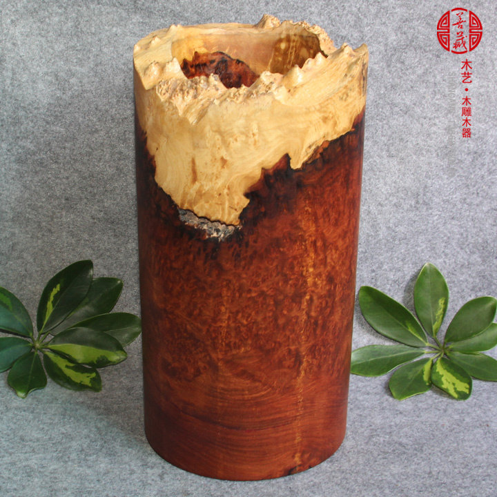 红木笔筒 缅甸花梨木瘿木雕/树瘤 摆件 自然型精美整木笔筒BP3号