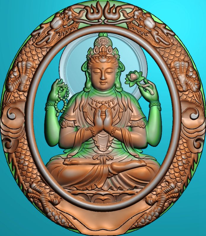 精雕图 灰度图 浮雕图 龙边框四臂观音