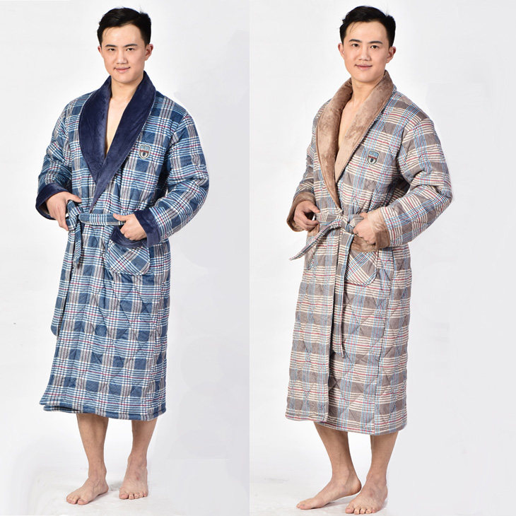 男士加厚夹棉保暖睡袍家居服