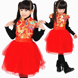 2026女童冬款中国风民族旗袍夹棉表演礼服云锦连衣裙公主裙表演服