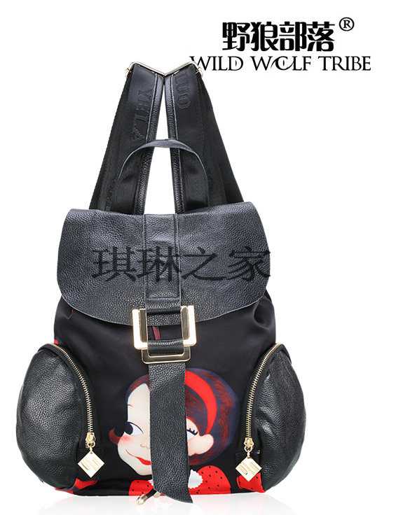 新品野狼部落牛津布双肩包女尼龙布帆布真牛皮背包简约旅行包6801