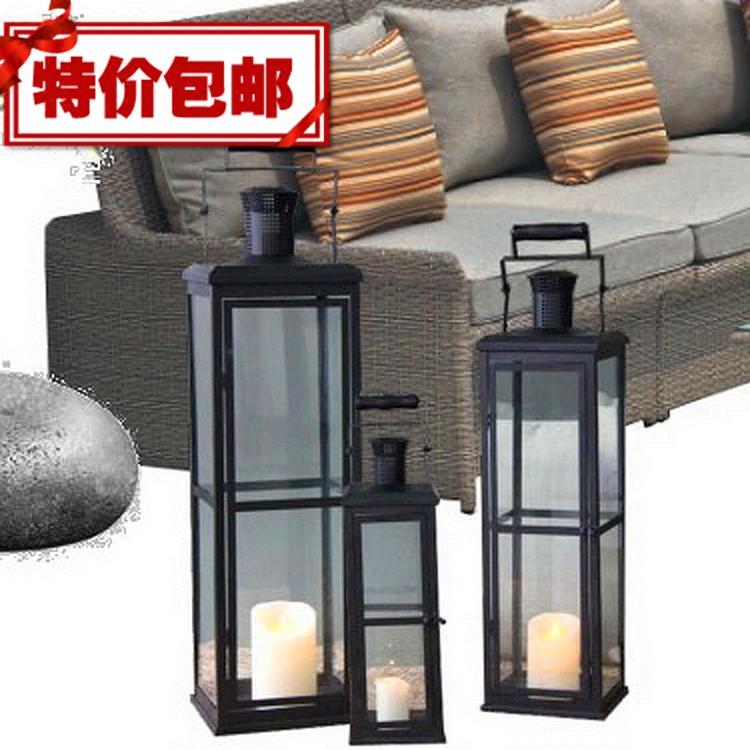 包邮欧式铁艺玻璃落地风灯马灯黑灯笼烛台摆件/庭院户外室内家居