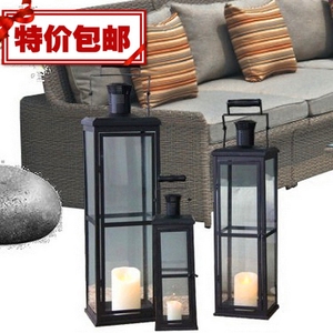 包邮欧式铁艺玻璃落地风灯马灯黑灯笼烛台摆件/庭院户外室内家居