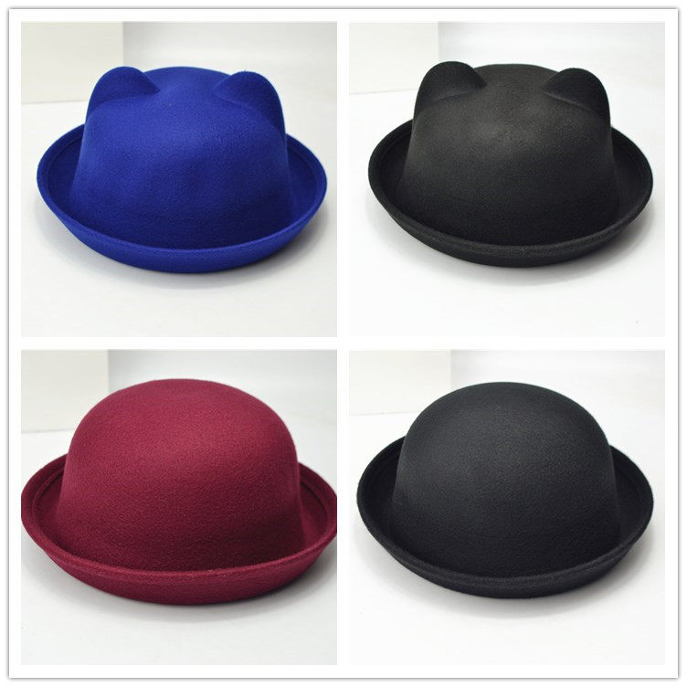 韩国时尚女士秋冬英伦卷边羊毛呢圆顶小礼帽猫耳朵情侣帽子潮