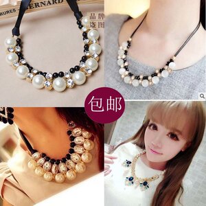 欧美花朵珍珠短款配饰女项链锁骨链女长款毛衣链水晶吊坠挂链配饰