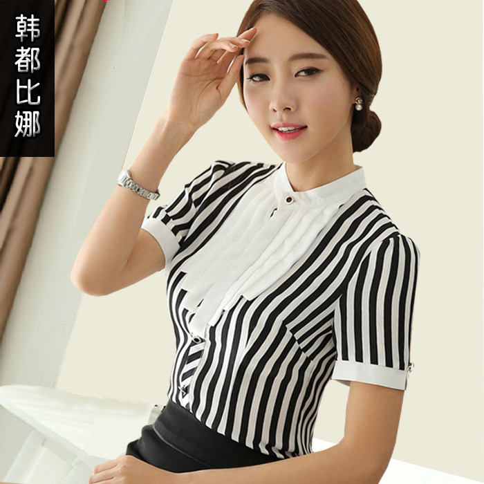 短袖雪纺白条纹衬衫女夏2025韩版大码工衣OL休闲职业打底衬衣包邮