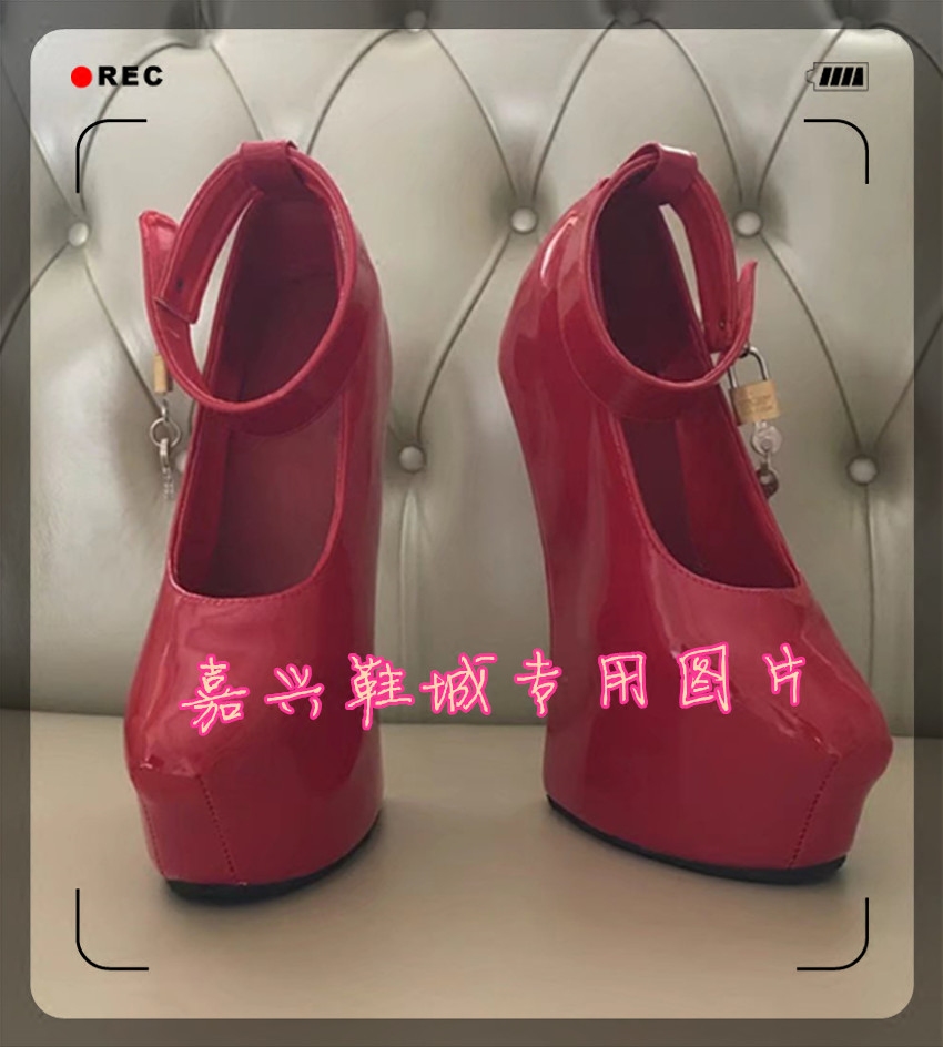红色漆皮亮面带锁坡跟夏季单鞋高跟鞋 性感女士高跟鞋 女鞋Z0