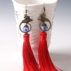 Classic Bridal jewelry Chinese stage performances married long red tassel earrings earring