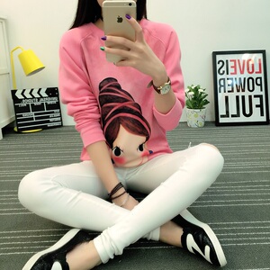 韩版娃娃印花圆领玫粉色红色宽松亲子卫衣母子女加绒套头秋冬加厚