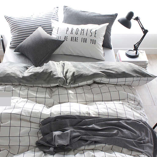 NANAROOM韩国进口简约格子双面棉加绒床品四件套[含灰色床笠]