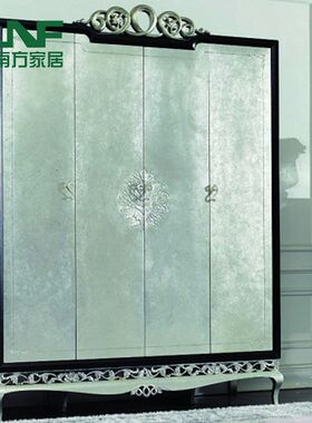 新古典衣柜银箔 后现代实木简约四门衣柜黑色 欧式简约实木储物柜