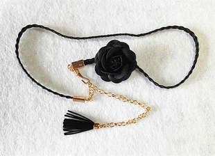 秋冬新款毛衣腰链 百搭黑色白色皮革花朵装饰流苏女士细腰带腰饰