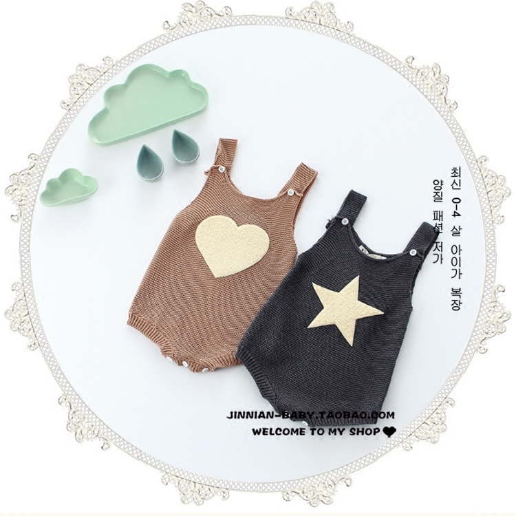 新品男女童星星爱心针织毛线背带裤哈衣爬韩版可爱宝宝连体衣推荐