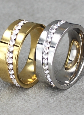 欧美风宽面钛钢镶钻可刻字戒指