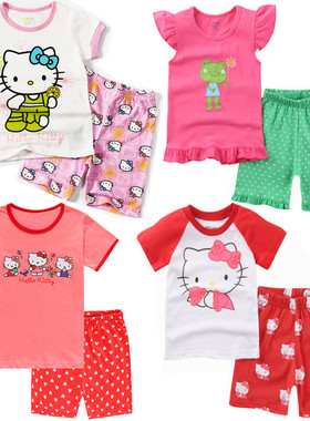 夏季hello kitty 凯蒂猫女孩纯棉短袖睡衣儿童卡通透气家居服套装