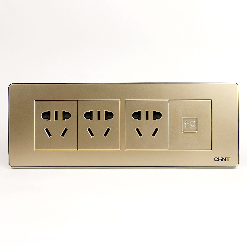 正泰开关插座118型5F香槟金色三插一网络/9孔+电脑 大盒面板