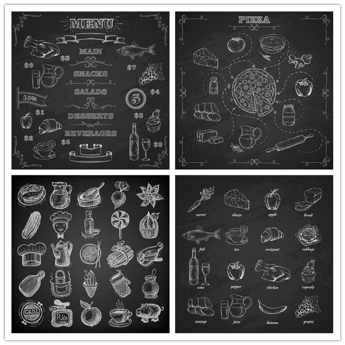 A2098矢量黑板粉笔涂鸦风格菜单模板披萨面包酒水 AI设计素材