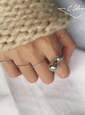 韩国纯银线条交错圆球时尚风指环