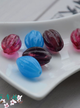 君绾青丝手工琉璃 老琉璃 碧玺红/紫色/蓝 12*16MM瓜棱珠古风饰品