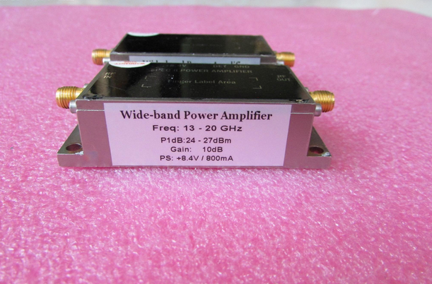 美国进口 13-20GHz 24-27dBm SMA 射频微波中功率放大器 质量包好，包能用 可提供详细测试图 工作频率：13-20GHz 增益: Typ 10dB 输出功率: 24-27dBm 工作电压：+8.4V / 电流大约：800mA 左右 功能，1：检波输出; 2：输出内置