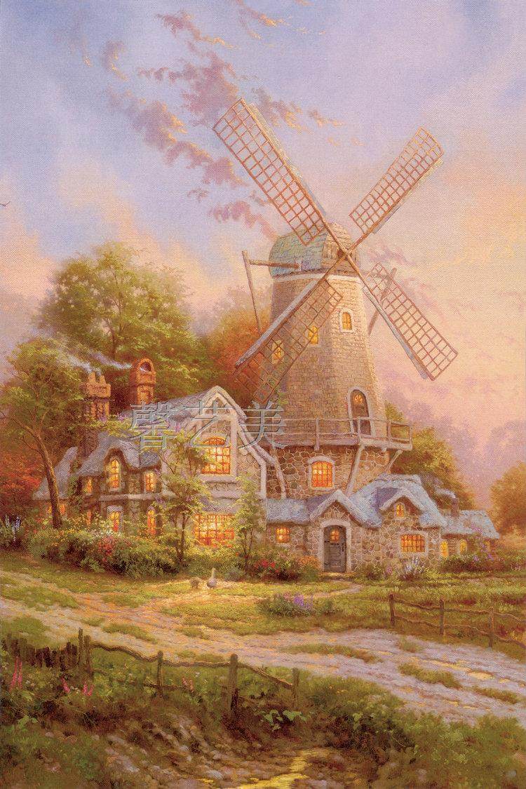 欧美风景托马斯风车油画装饰画芯竖向玄关走廊楼梯墙画1764