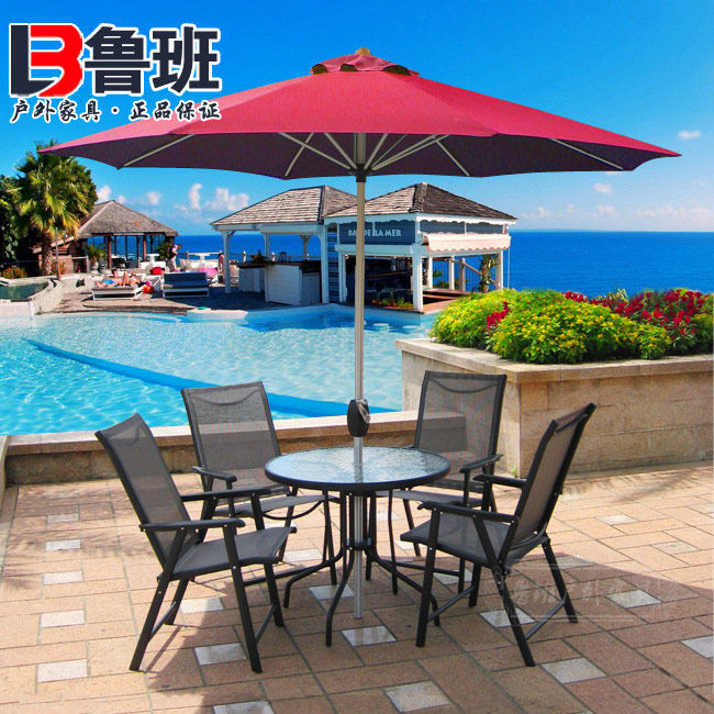 户外阳台桌椅室外庭院折叠椅圆餐桌休闲铁艺桌椅遮阳伞组合五件套