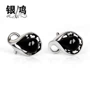 Hong Thai Silver 925 Silver natural black silver green agate earrings Bangkok old silversmith retro ladies Silver earrings