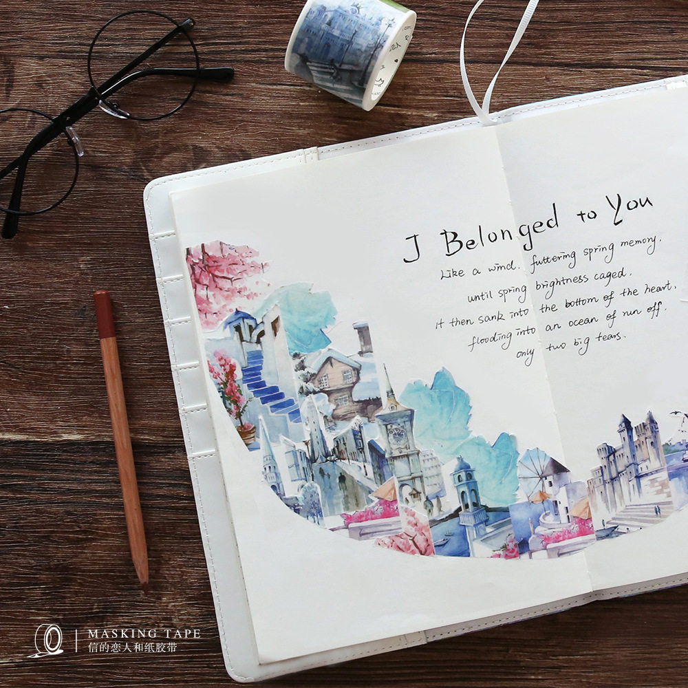 日式和纸胶带手账装饰胶带diy旅行手绘彩色建筑日本手帐宽贴纸