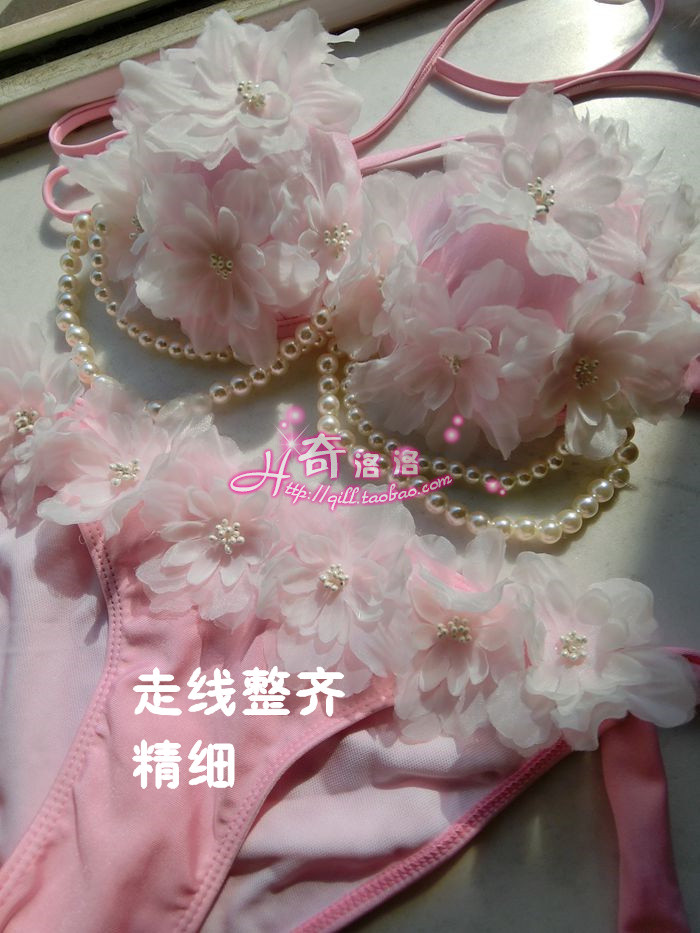 手工蕾丝唯美手缝花朵性感粉色显白珍珠流苏三角泳衣比基尼显瘦女
