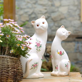玫瑰小镇 特色手工彩绘情侣陶瓷对猫 实用家居庭院花园装饰摆件