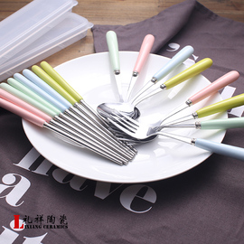 创意学生便携式餐具套装陶瓷柄不锈钢筷子勺子叉子餐具三件套盒装