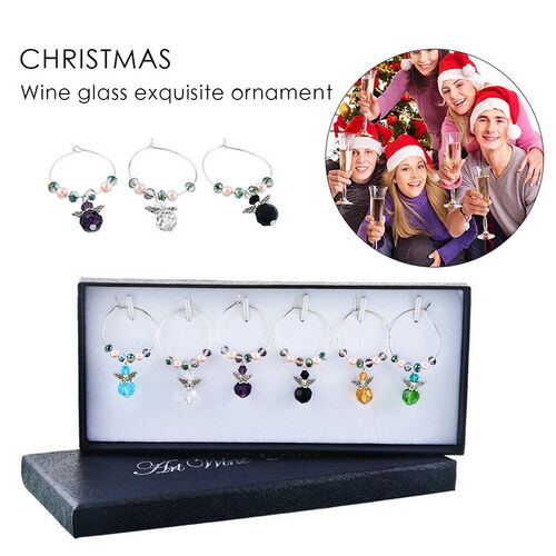 Hoomall 6PCs Crystals Wine Charms Gift Box Angel Enamel Pend