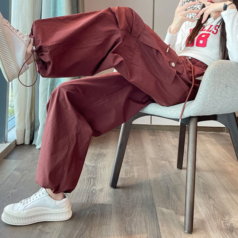 现货红色炸街工装裤女春季新款美式爬山衣服套装小个子休闲运动冲