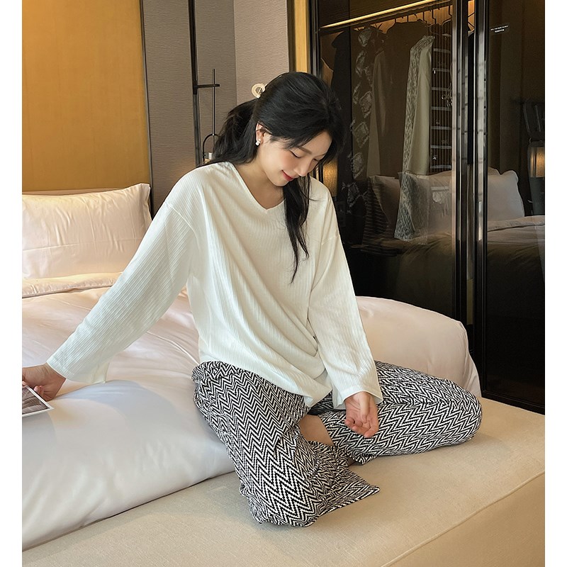 韩系居家」2024年春秋季新款长袖睡衣休闲V领女士家居服两件套装