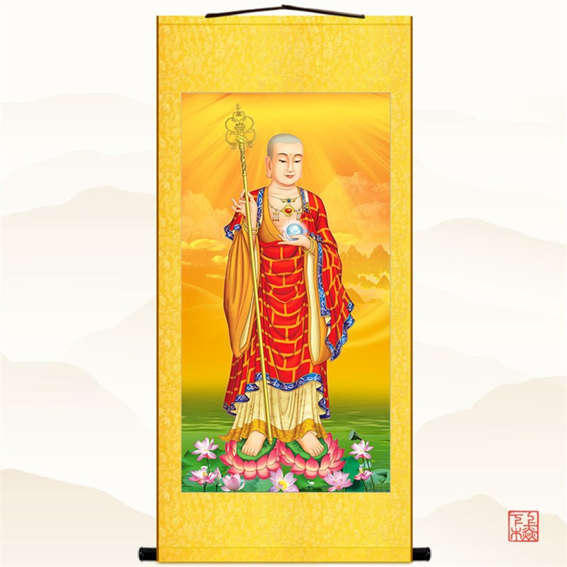 地藏王菩萨画像 佛堂卷轴画 丝绸材质 高清佛像画挂画 已装裱