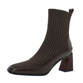 干练不失温柔 新款 强推 针织弹力袜靴女方头短靴女粗跟瘦瘦靴7cm