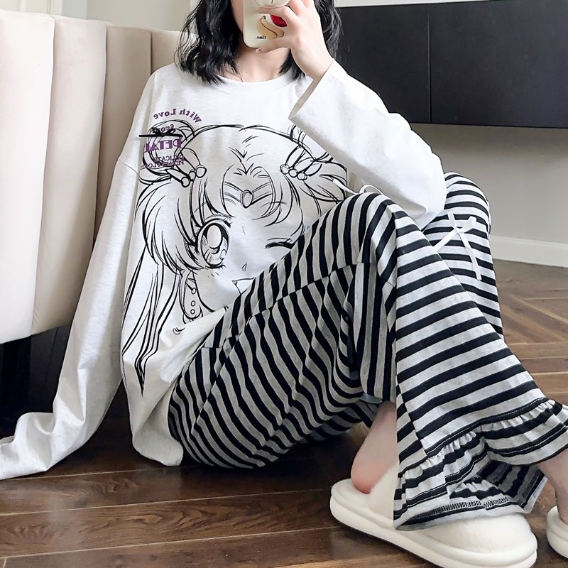 卡通睡衣女春秋季可爱长袖条纹长裤家居服圆领套装秋冬可外穿