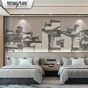 简约新中式古建筑电视沙发背景墙纸墙布客厅茶室意境壁布定制壁画