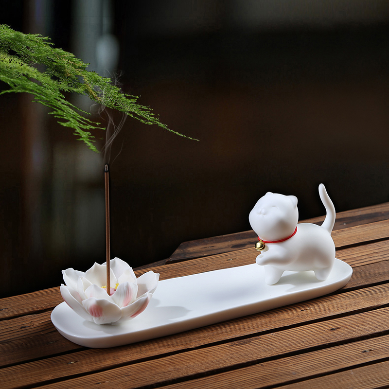 陶瓷线香插香座招财可爱小猫檀香沉香家用薰艾炉茶桌香道莲花香器