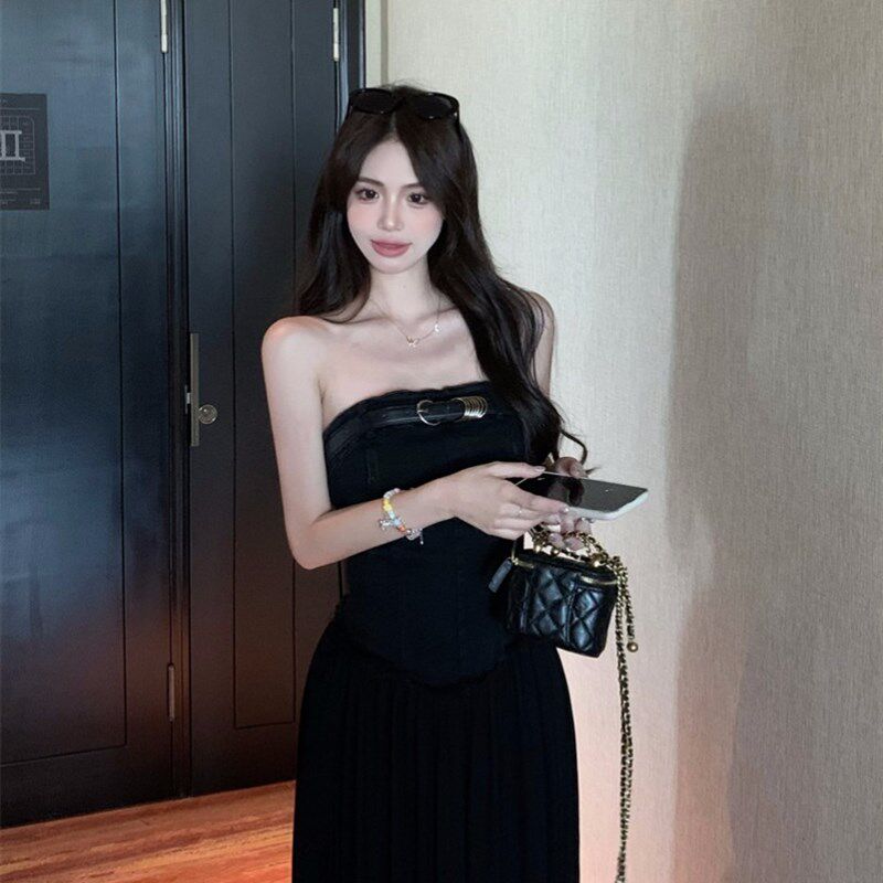 现货一字肩性感拼接牛仔抹胸连衣裙女夏季辣妹复古黑色Z显瘦收腰